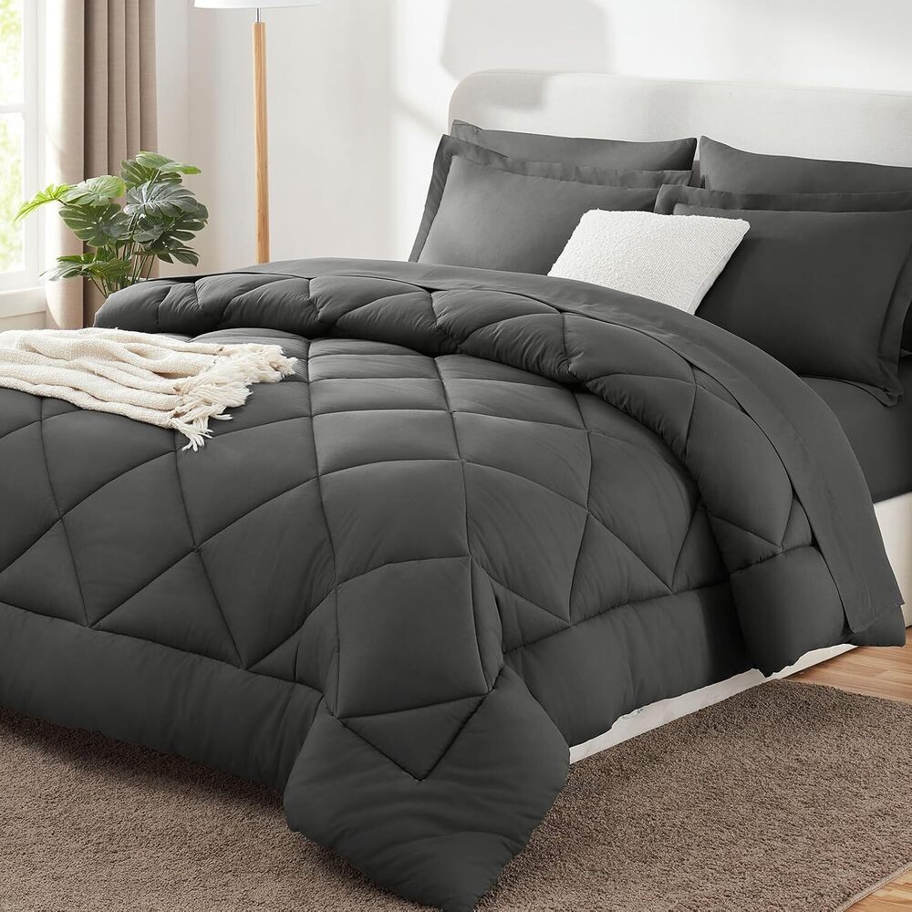 Queen Comforter Set Dark Grey - Bed in a Bag Queen Size 7 Pieces, Luxury